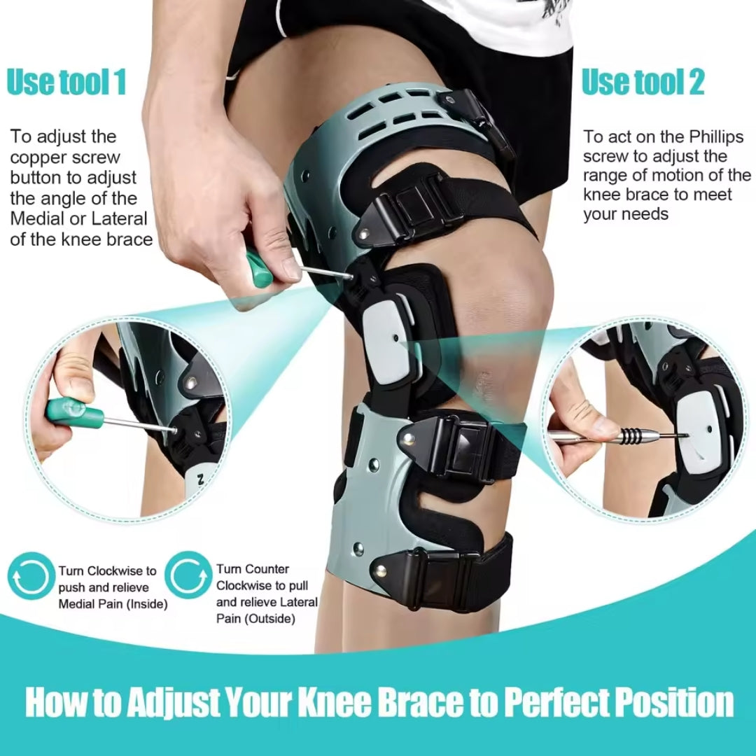 Instructions on how to adjust a knee brace with tools and text explaining the process.